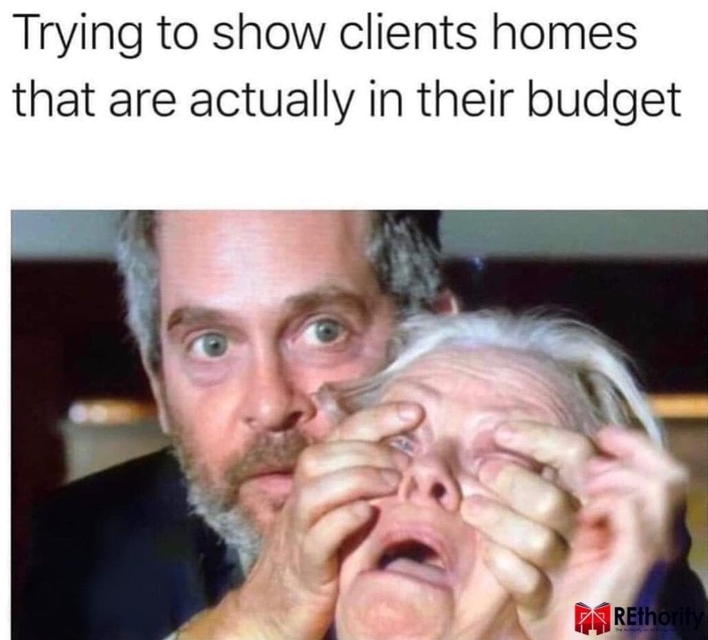 Meme about showing clients houses in their budget and needing to hold their eyes open
