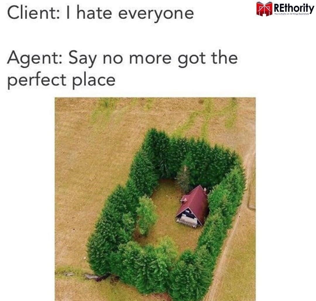 Farmhouse surrounded by trees for real estate meme feature