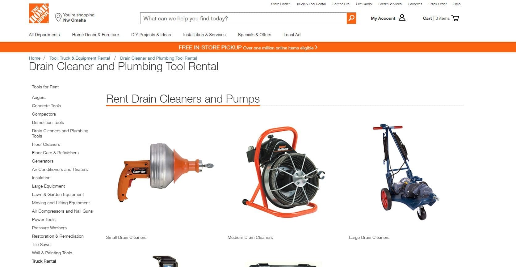 Screenshot of the home depot tool rental center including augers, drain cleaners, and other power tools