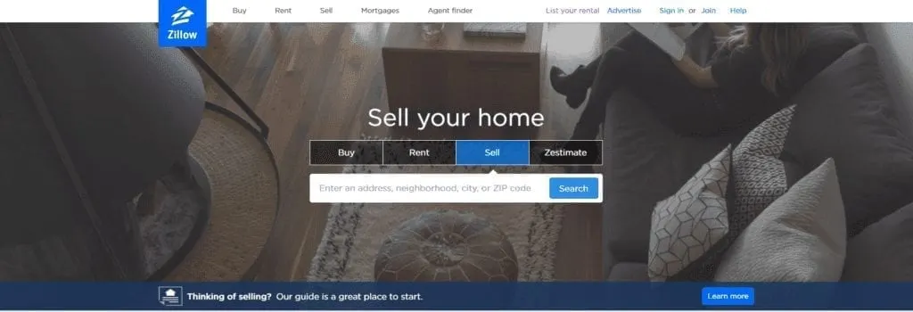 Screenshot of Zillow "sell your home" module as featured image on For Sale By Owner Homes feature