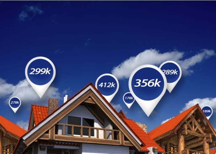 Real Estate Market Blue Price Tags Above Properties. House Prices. 3D Abstract Illustration.