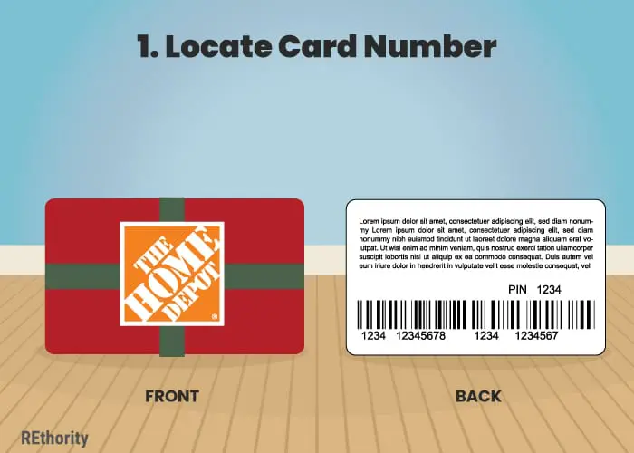 Step 1 in checking a Home Depot gift card balance illustrated with an image of a card and step 1