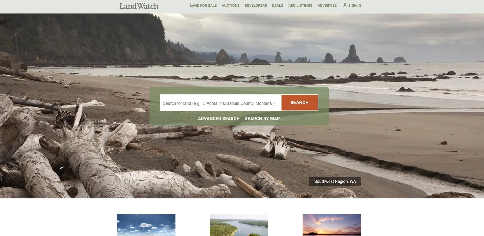 Screenshot of the LandWatch home page