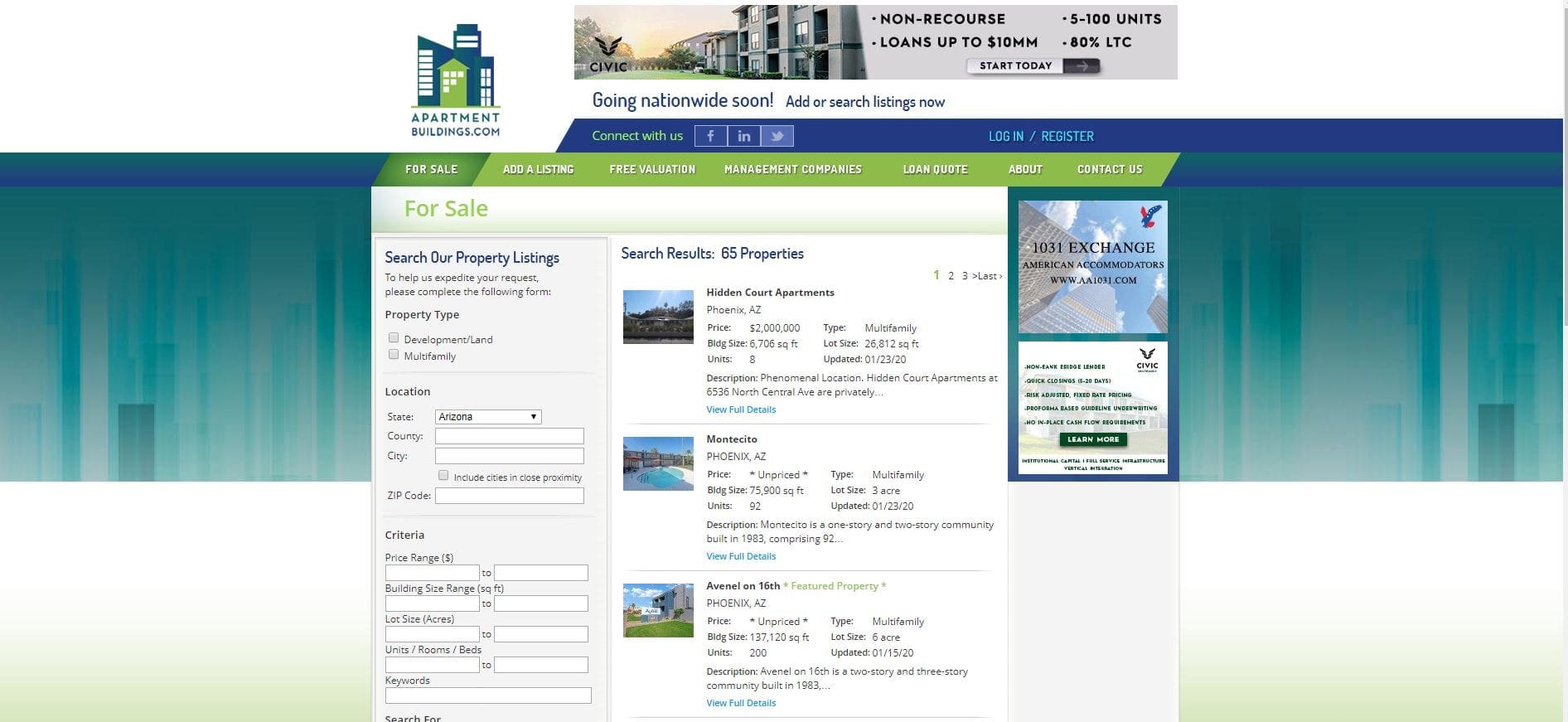 Screenshot of the apartmentbuildings.com search page featuring listings in Arizona
