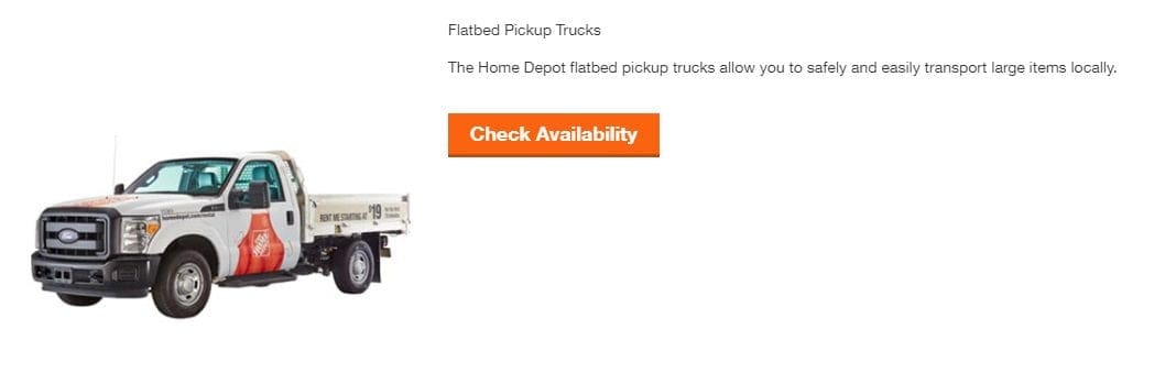 Picture of a flatbed pickup truck for rent on the home depot website