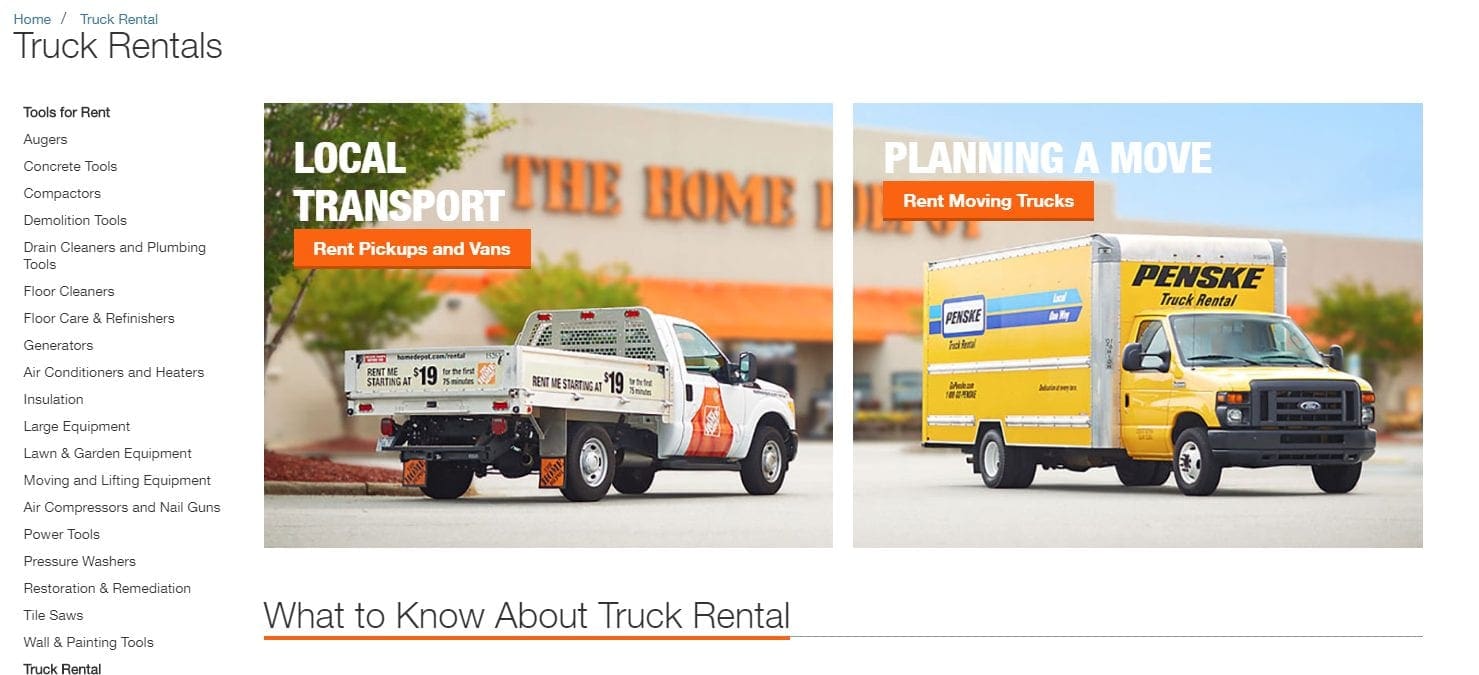 Home depot truck rental page featuring a Penske truck and a flatbed pickup