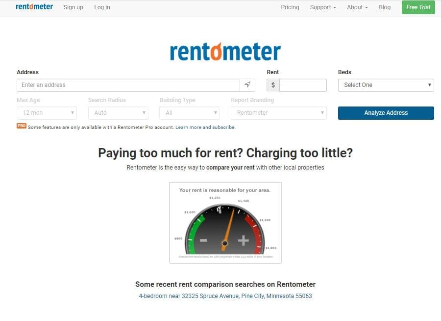 Rentometer main page featuring a pricing prompt