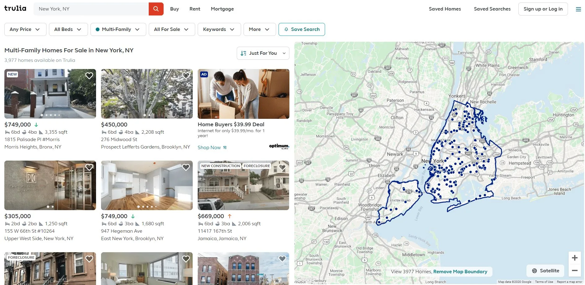 Screenshot of the Trulia.com platform showing New York apartment buildings for sale