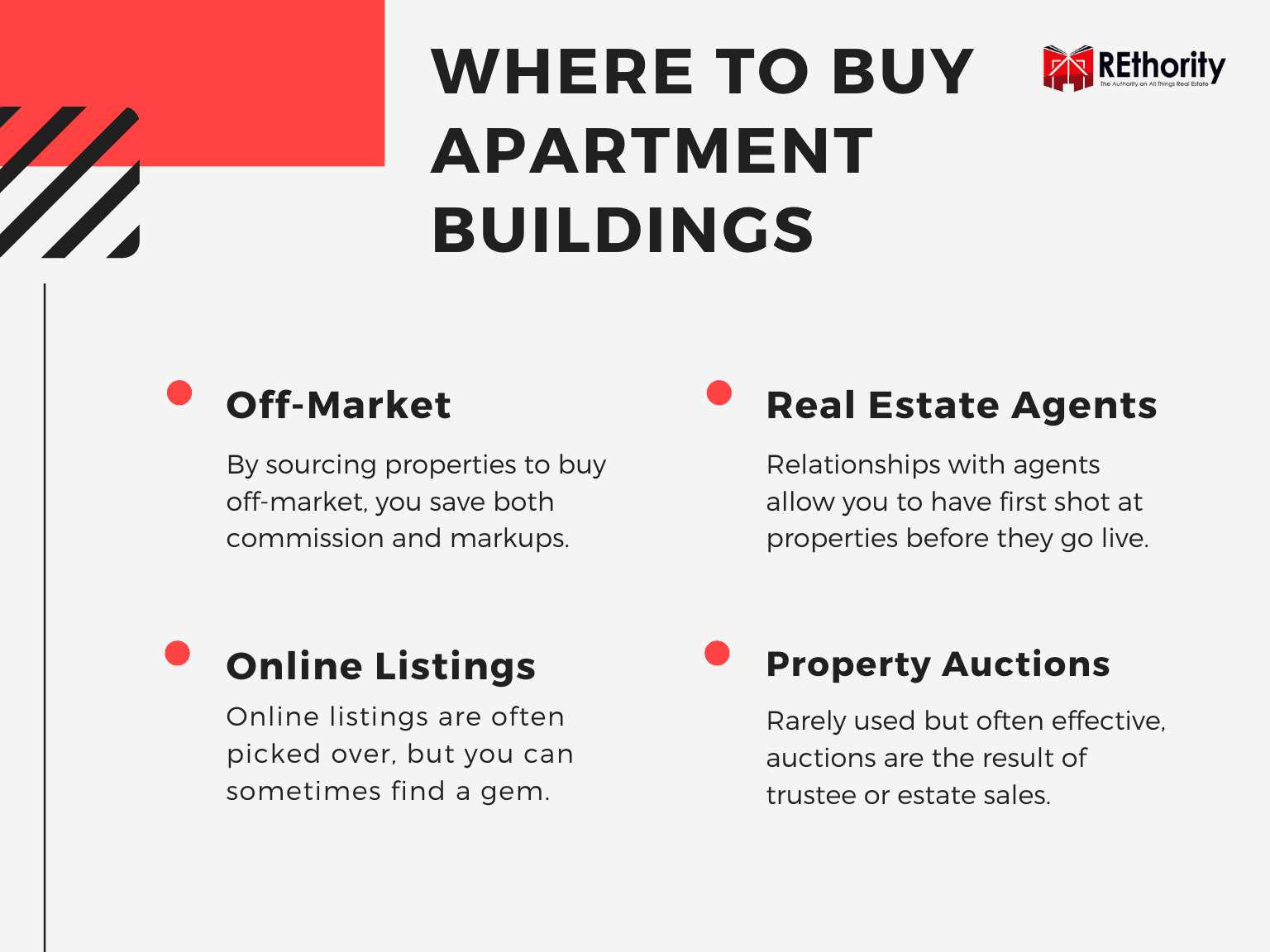 Where to find apartment buildings for sale featuring the four most popular types of ways to source a deal
