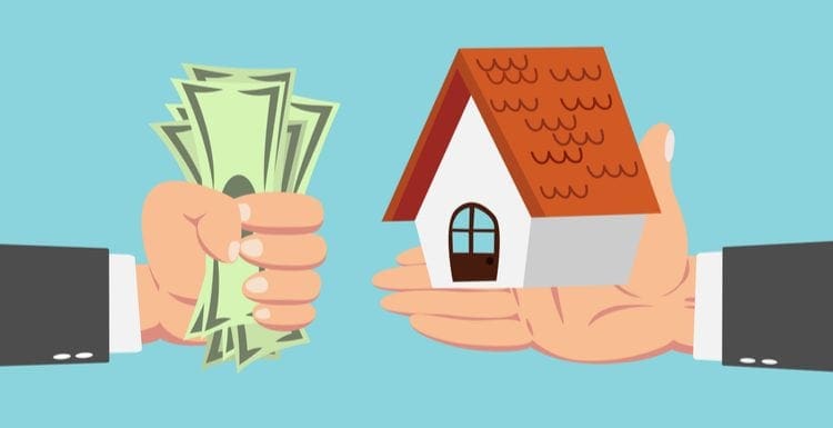 As an image for a piece on an Offerpad Review, Hand of businessman with money buying house isolated on blue backgroundHand of businessman with money buying house isolated on blue backgroundHand of businessman with money buying house isolated on blue background