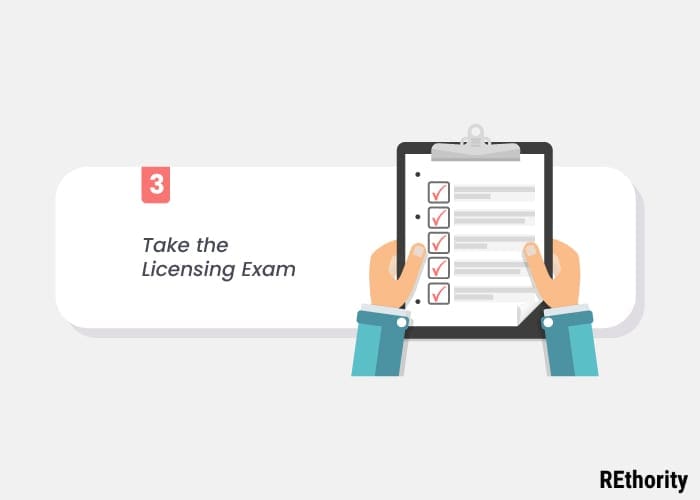 Illustrated step three in the steps to becoming a real estate agent is taking the licensing exam showing two hands holding a clipboard on which sits a bunch of questions, as if to symbolize the real estate exam