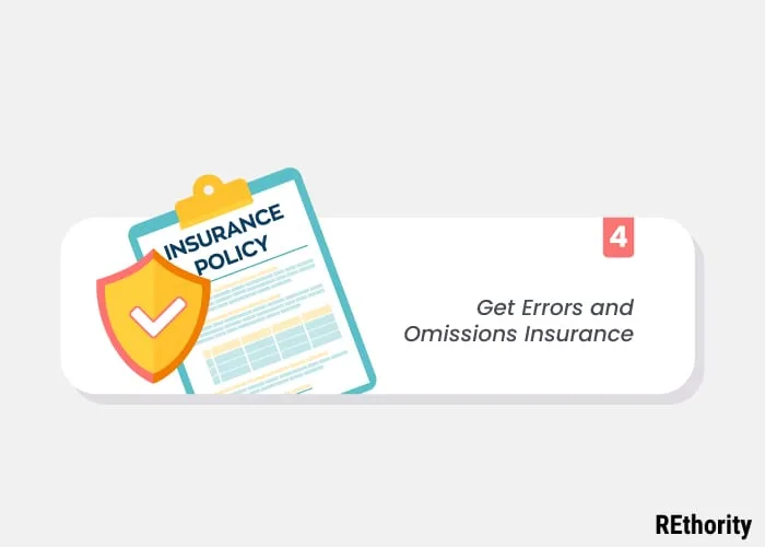 An image showing a clipboard on which sits a piece of paper that reads insurance policy and next to it the title says get errors and omissions insurance