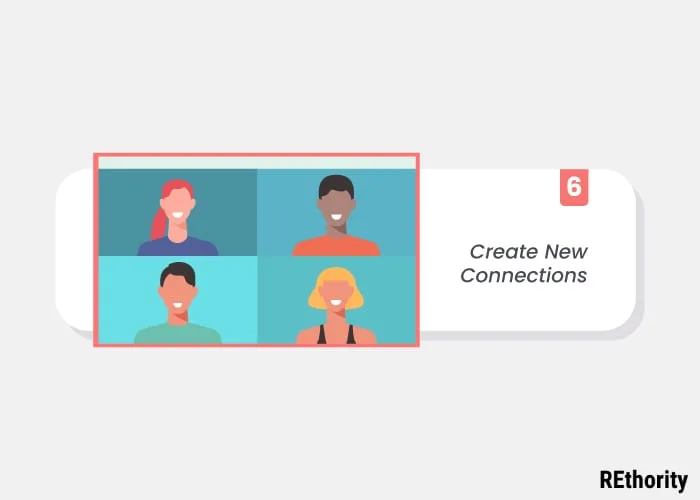 Step 6 is creating new connections, illustrated in a graphic showing multiple people on a side-by-side image like on a Zoom call