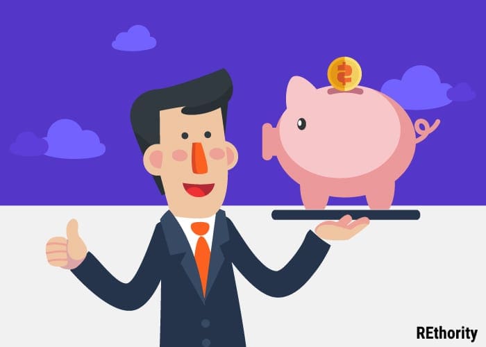Person in a suit holding up a piggy bank with money going into it