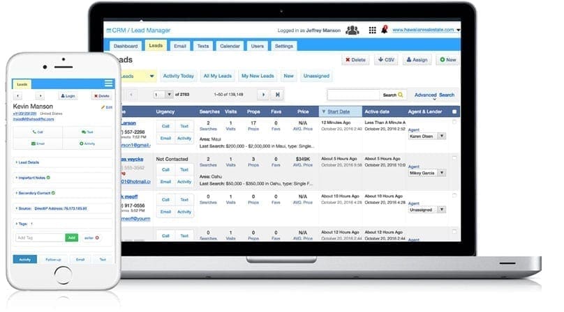 Screenshot of the Real Geeks CRM displayed on both desktop and mobile devices