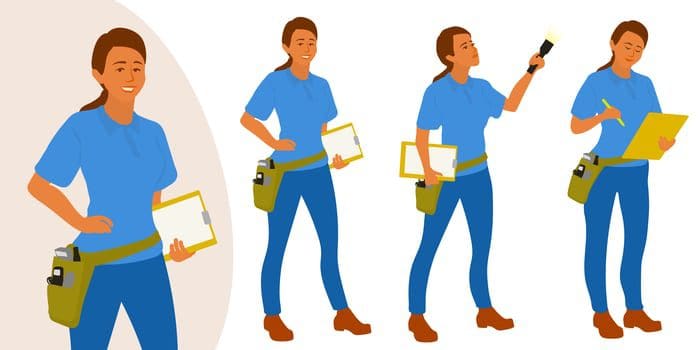 As an image for a piece on how long does it take to buy a house, Home inspector woman poses set for infographics or advertisement. Female hispanic home inspection professional. Set of full length vector flat characters isolated on white background