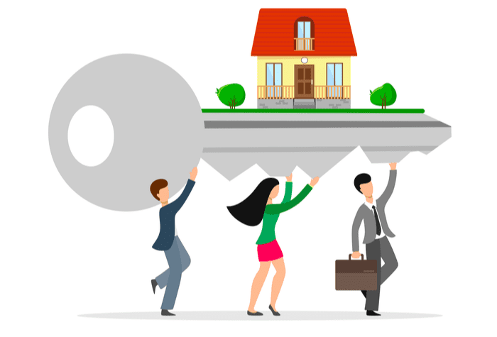 Characters carry the key of the property with the house on the key. Vector illustration of a flat style to symbolize tips for getting a mortgage