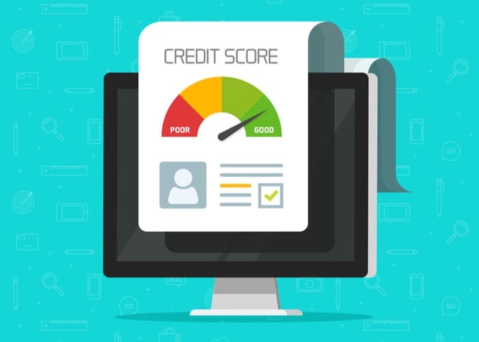 Credit score online report document on computer screen, flat cartoon digital good history ranking loan record on pc display, modern icon isolated