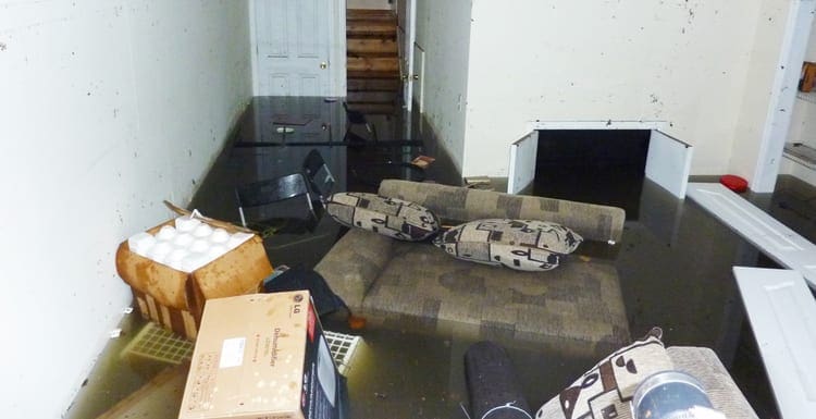 Completely flooded basement next day after Hurricane Sandy on October 30, 2012 in Staten Island. It is visible line showing maximum water level higher than 7 feet