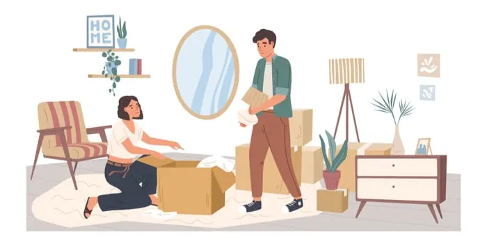 People relocating to new apartment flat vector illustration. Man and woman cartoon characters packing belongings. Young couple unpacking furniture in living room. House moving concept.