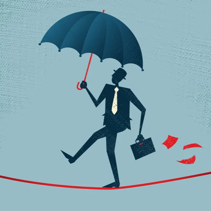 Abstract Businessman walks a precarious tightrope. Vector illustration of Retro styled Businessman walking carefully across a very high tightrope with his umbrella for added protection.