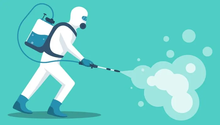 Man in hazmat. Protective suit, gas mask and gas cylinder for disinfection coronavirus. Toxic and chemicals protection. Spraying pesticides. Biological precaution. Vector illustration flat design.