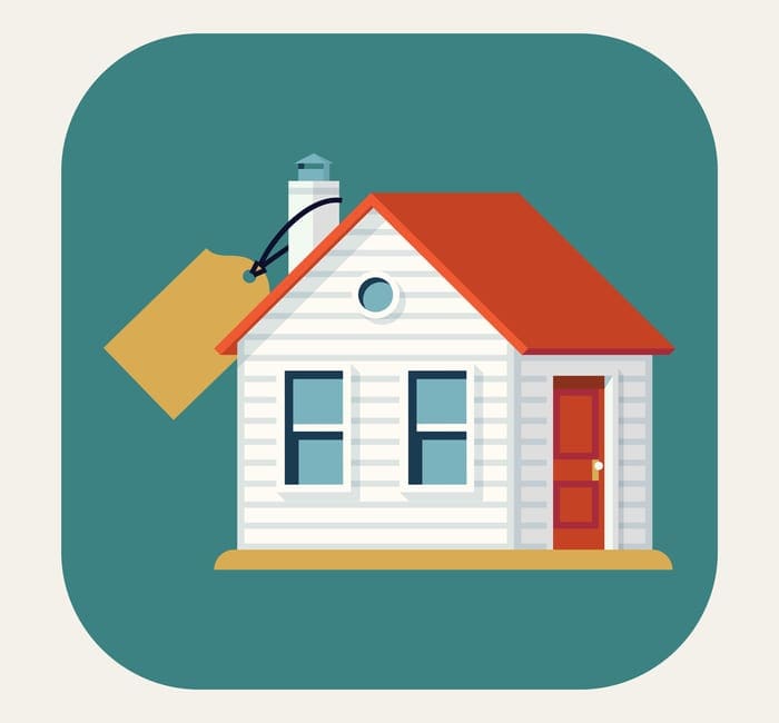 As an image for a piece on how long does it take to buy a house, Vector modern flat design round corners icon on realty sales and real estate business featuring classic small house building with abstract price tags | Real estate market application icon