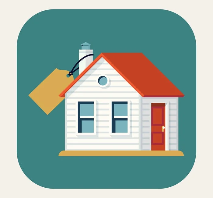 As an image for a piece on how long does it take to buy a house, Vector modern flat design round corners icon on realty sales and real estate business featuring classic small house building with abstract price tags | Real estate market application icon