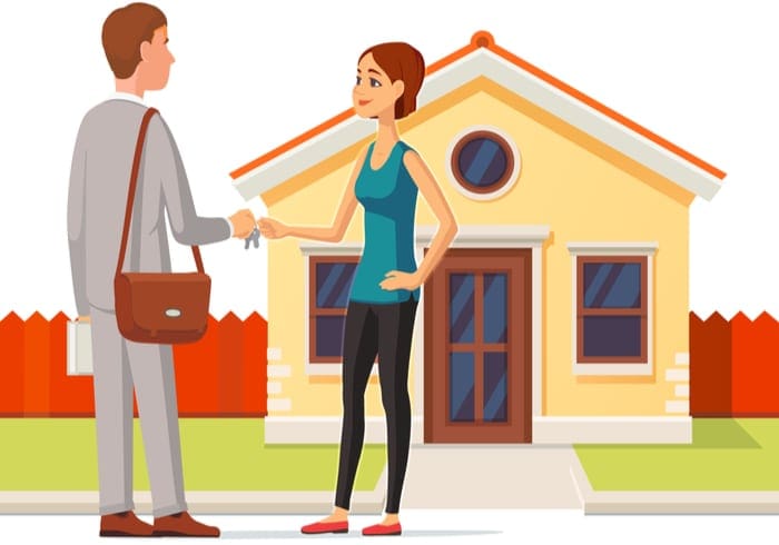 Woman buying a new house. Real estate agent giving a home key chain to a confident lady buyer. Flat style illustration or icon. EPS 10 vector.
