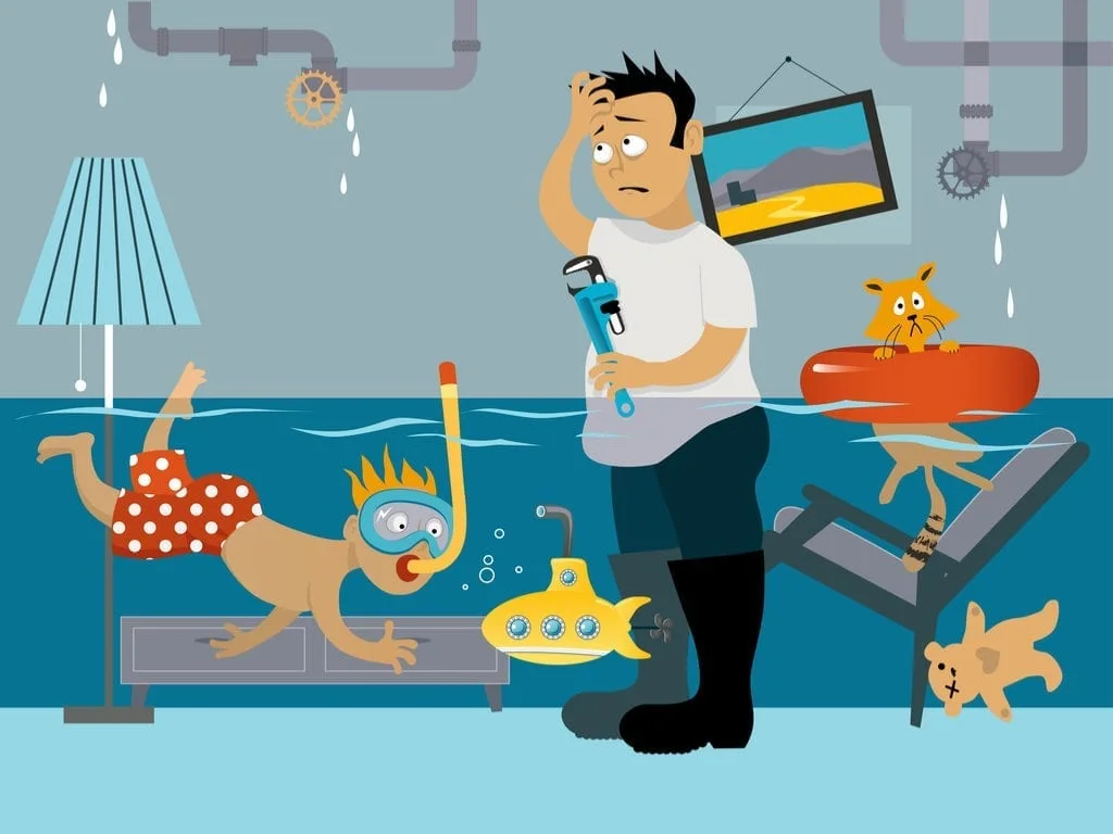 As an image for a piece on a Flooded Basement, an image of a man holding his head and a wrench and a small boy snorkeling with a teddy bear and a submarine under water