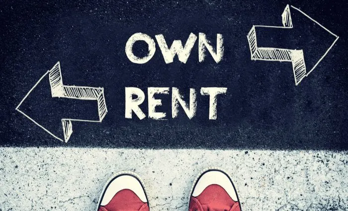 Student standing above the sign for own and rent,dilemma concept