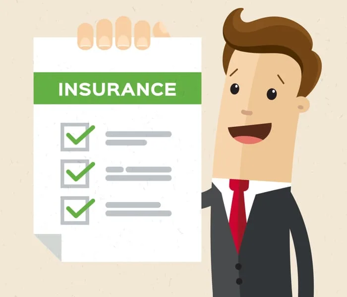 Man in suit, manager or agent shows a document, insurance. Vector, flat, illustration as a piece on e and o insurance