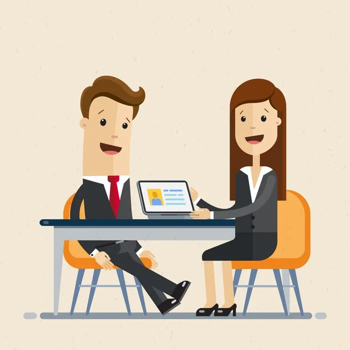 Business man and woman sit at the table, work together, interviews, negotiations, meeting. Vector, illustration, flat buying errors and omissions insurance