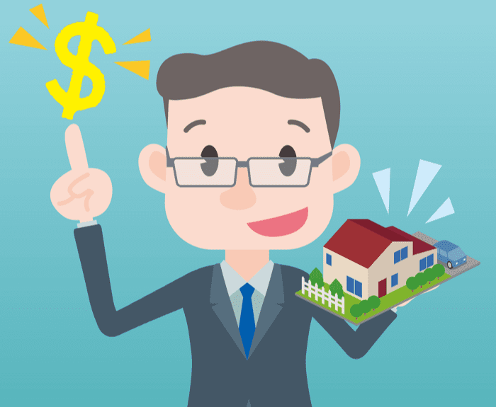 Vector image of a man learning his home loan options and holding a small model of his house against a green background