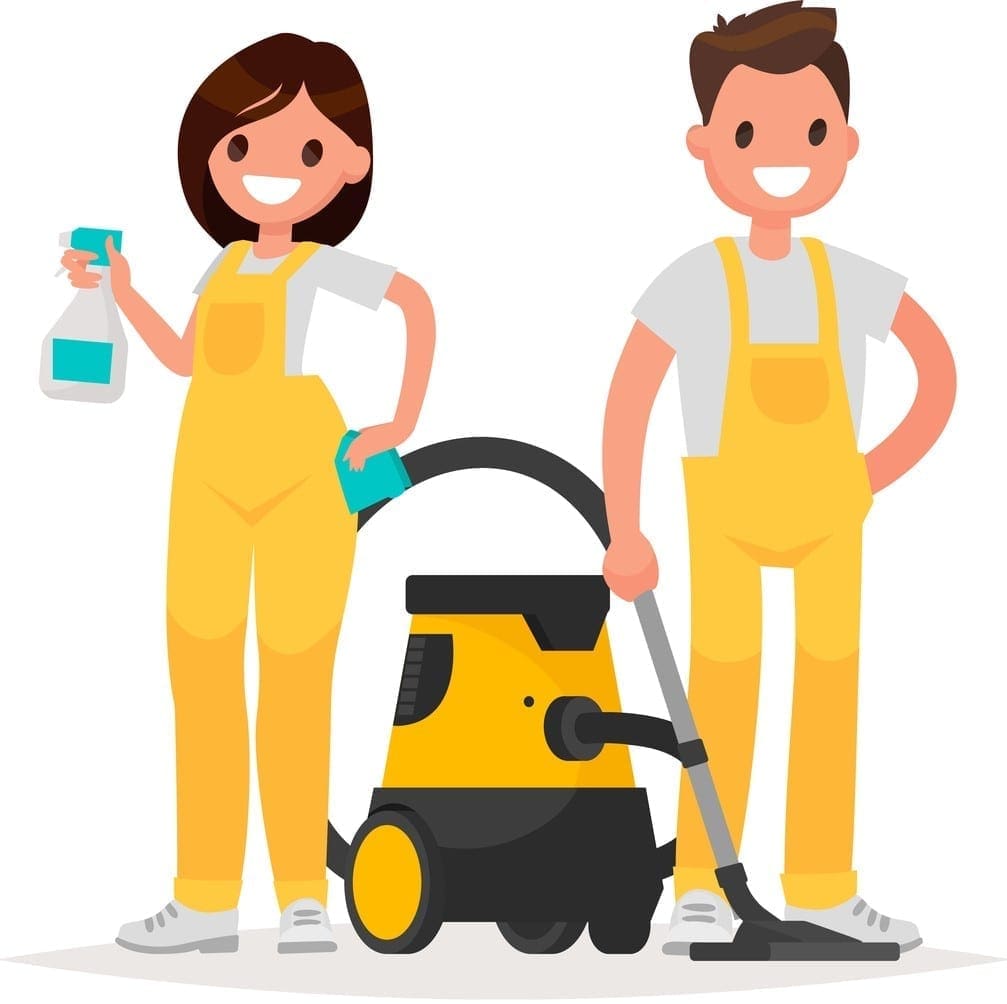 Man and woman in yellow clothes standing next to a shop vac with cleaning supplies against a white background