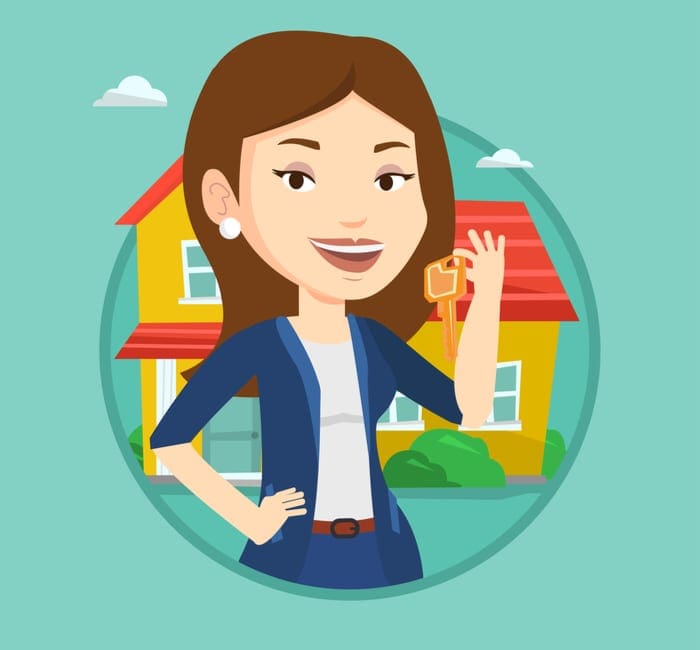 As a featured image for a piece on how long does it take to buy a house, Real estate agent holding key. Real estate agent with key standing on the background of the house. Happy new owner with house key. Vector flat design illustration in the circle isolated on background.