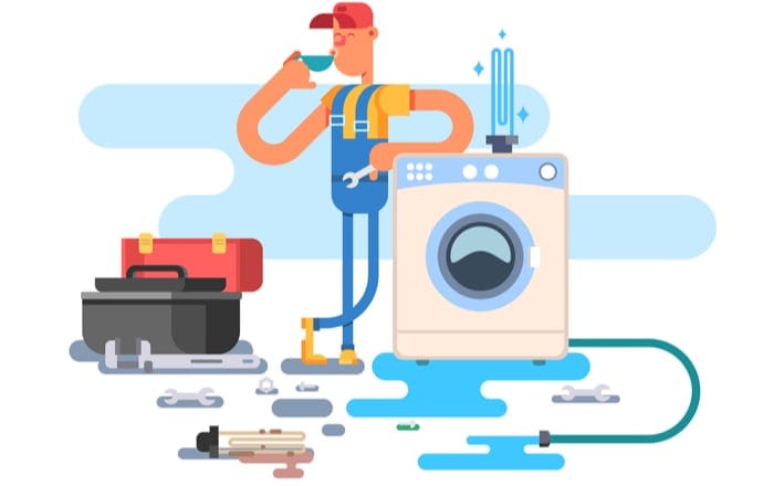 Vector image of a man standing next to a washing machine that is leaking and he is drinking coffee