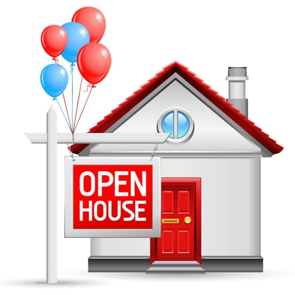 House with an open house sign and balloons in the foreground against a white background as an image on a piece on how to sell your house