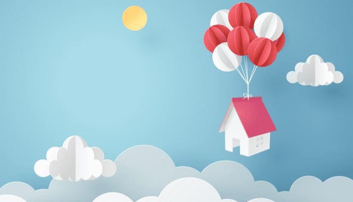 Paper art of house hanging with colorful balloon, business concept and asset management idea, vector art and illustration.