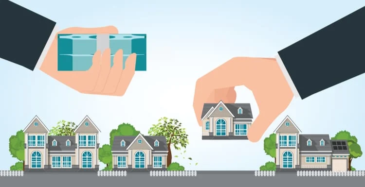 As a featured image for a piece on how to buy a house, Human hand holding right house and money, exchange conceptual property for sale, real estate conceptual vector illustration.