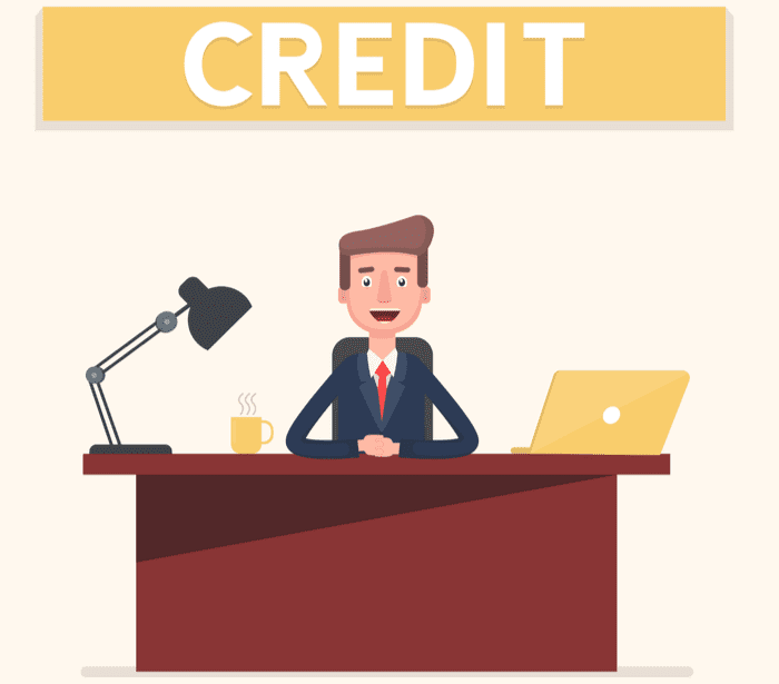 Smiling banking clerk showing bank credit, loan contract or mortgage agreement sitting at desk with laptop. Vector illustration in cartoon style