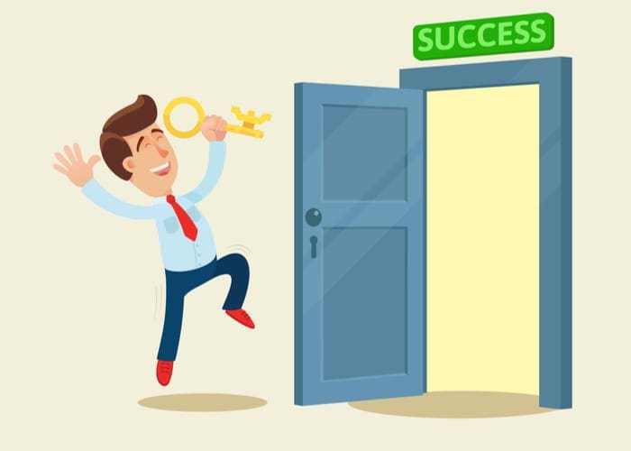 Happy businessman with golden key have opened the door to success. Key to success. Business, vector flat illustration. Cartoon, concept.