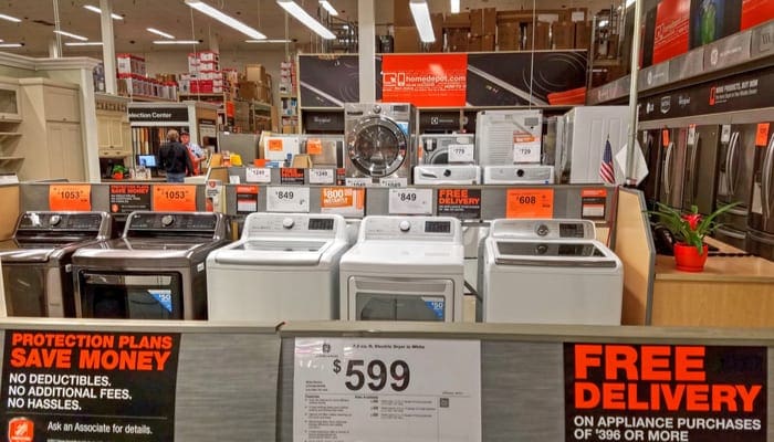 As a featured image for a piece on the Home Depot return policy, a photo of Home Depot retail store, appliances department, Danvers Massachusetts USA, May 5, 2018