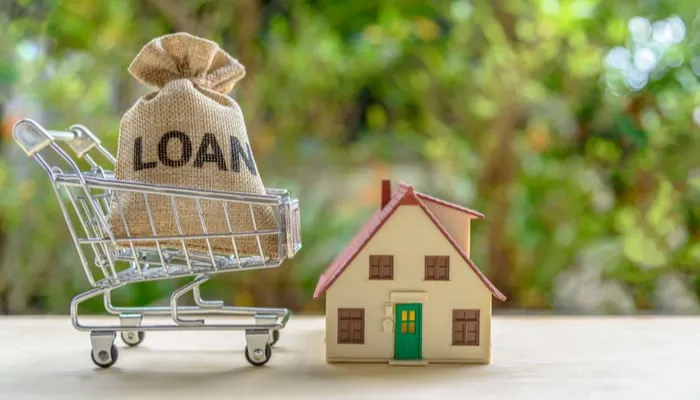 Home / mortgage loan or reverse mortgage concept : Loan bag in a shopping cart, small model residential house over green nature background, depicts the financing activities between lender and borrower