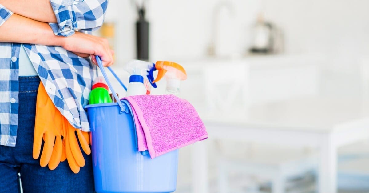 A woman in a checkered shirt holding a basket of cleaning products as a featured image for a piece on Muriatic Acid