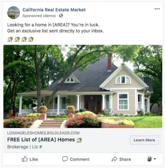 Boldleads facebook ad featuring a home for sale in the California market