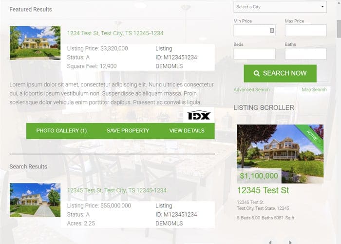 Screenshot of the IDX Broker idx search funcationality