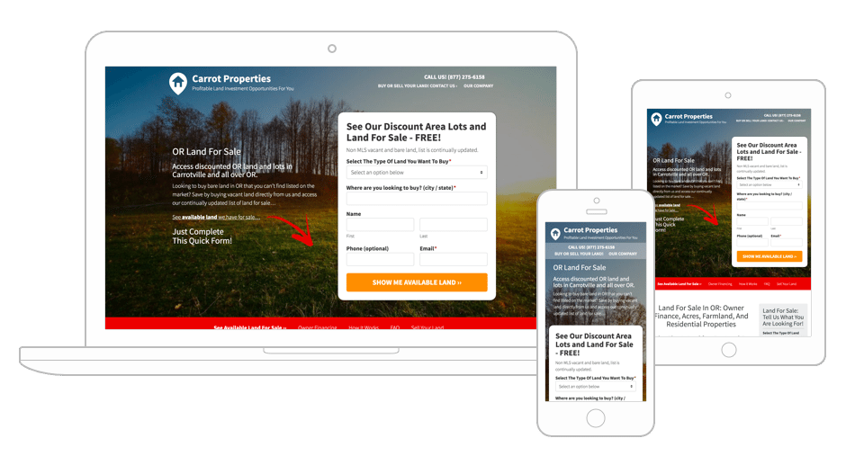 Carrot Land buyer template displayed on 3 mobile devices