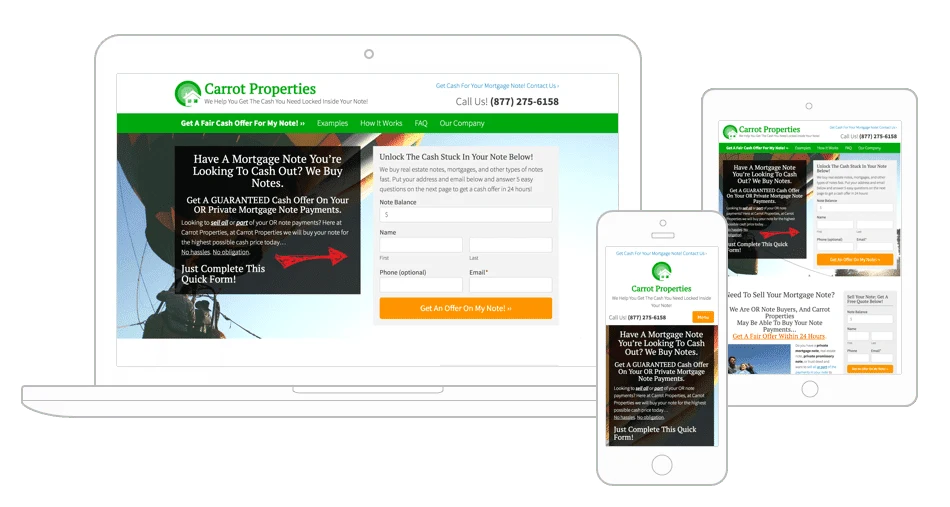Carrot note buyer template displayed on 3 mobile devices