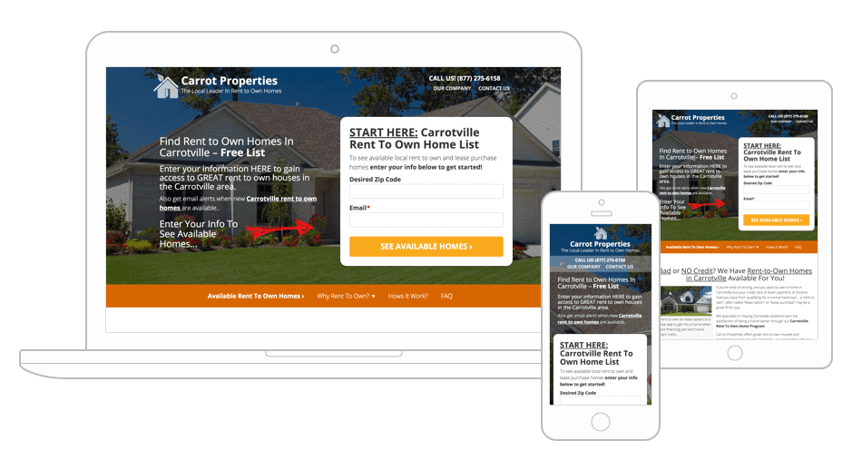 Carrot rent to own template displayed on 3 mobile devices